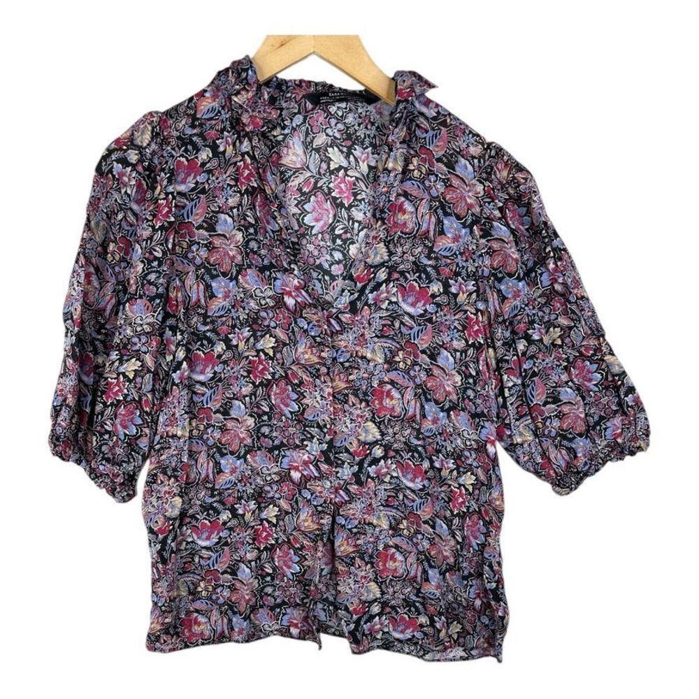 Zara Floral Print Blouse V-Neck 3/4 Sleeve Lightweight Top Size Small